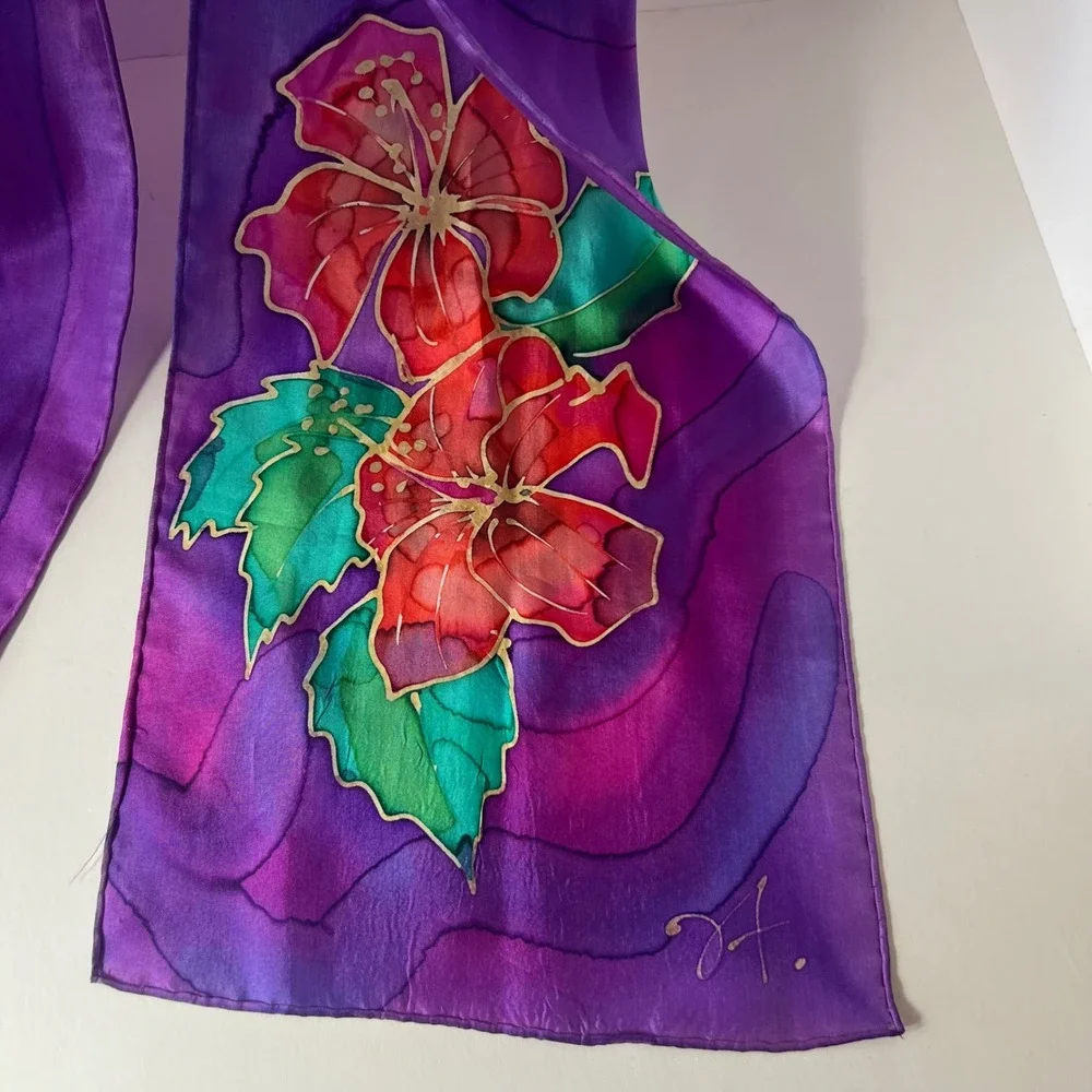 Handpainted Silk Floral Scarf Signed JT Purple Orange Green 8 x 72